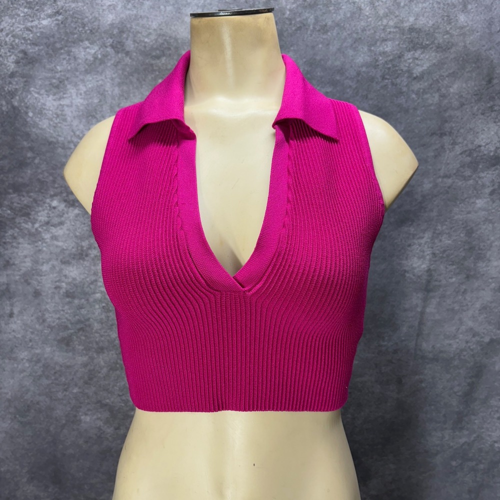Babaton Sculpt Knit Polo Cropped Tank Top Womens S Fuchsia Pink Ribbed Preppy